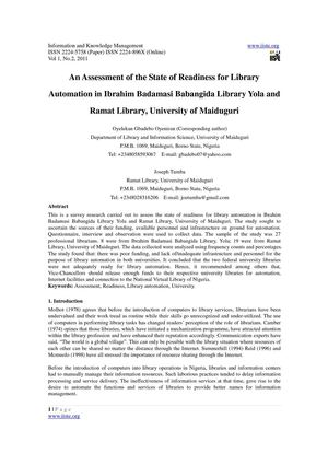 An Assessment of the State of Readiness for Library Automation in Ibrahim Badamasi Babangida Library  Yola and Ramat Library Un