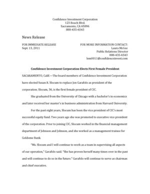 Confidence Investment Corporation Press Release Assignment 
