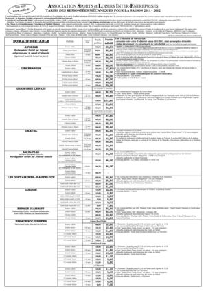 Tarifs 2011/2012 des stations