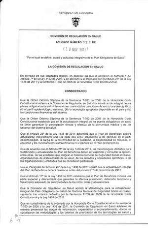 Acuerdo No. 28 de 30 de noviembre de 2011.  Por el cual se define, aclara y actualiza integralmente el Plan Obligatorio de Salud POS