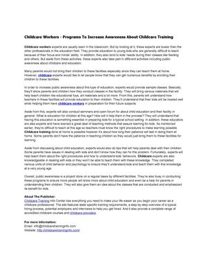 Childcare Workers - Programs To Increase Awareness About Childcare Training