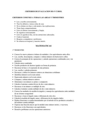 CRITERIOS DE EVALUACION DE 6º CURSO