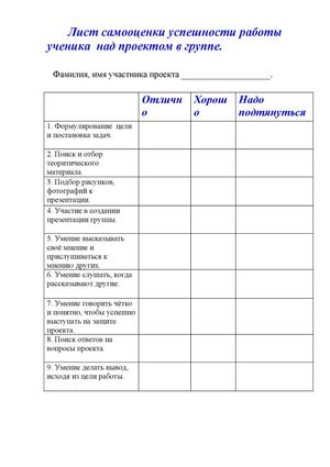 Лист самооценки успешности работы ученика над проектом в группе.