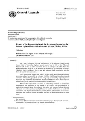 UN Human Rights Council, Report of Mr. Walter Kalin, 14 January, 2009