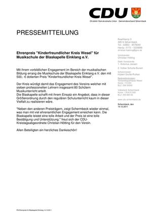 PM Ehrenpreis für Blaskapelle Einklang 14 12 2011