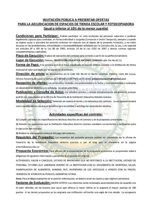 INVITACIÓN PÚBLICA A PRESENTAR OFERTAS para tienda ESCOLAR