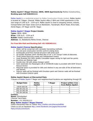 Malles Jayshri T.Nagar Chennai, 3BHK, 4BHK Apartments by Malles Construction, Booking open Call 9282401111