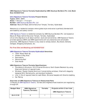 UMA Signature Towers Tarnaka Hyderabad by UMA Soumya Builders Pvt. Ltd, Book Now 9248007333