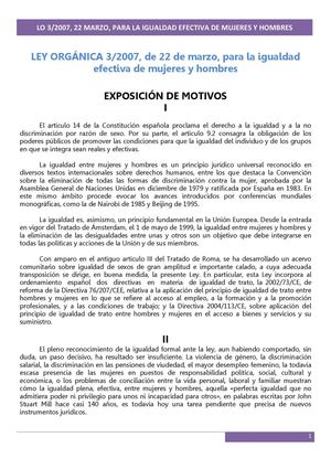 LEY ORGÁNICA 3/2007, de 22 de marzo, para la Igualdad efectiva de Mujeres y Hombres