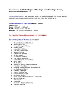 Golden Homes Residential Project Golden King’s Court Anna Nagar Chennai, Booking open Call 9282401111