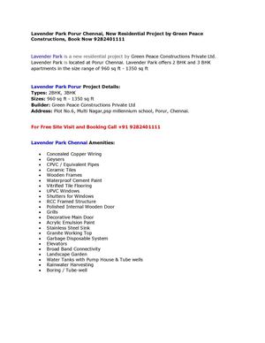 Lavender Park Porur Chennai, New Residential Project by Green Peace Constructions, Book Now 9282401111