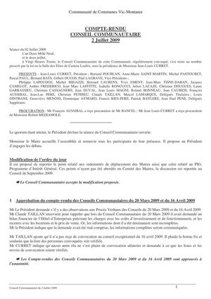 Compte rendu du Conseil Communautaire du 02 juillet 2009