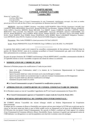 Compte rendu du Conseil Communautaire du 07 octobre 2011