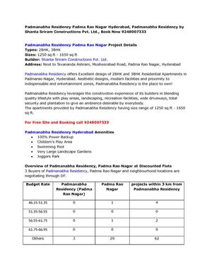 Padmanabha Residency Padma Rao Nagar Hyderabad, Padmanabha Residency by Shanta Sriram Constructions Pvt. Ltd., Book Now 9248007333