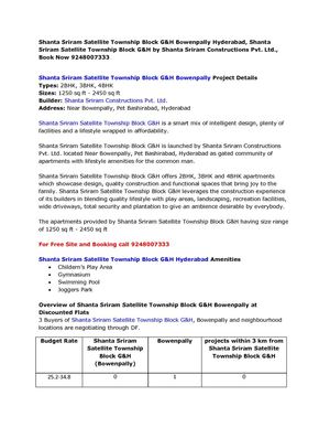 Shanta Sriram Satellite Township Block G&H Bowenpally Hyderabad, Shanta Sriram Satellite Township Block G&H by Shanta Sriram Constructions Pvt. Ltd., Book Now 9248007333