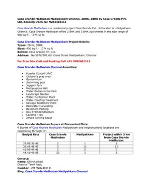 Casa Grande Madhuban Madipakkam Chennai, 2BHK, 3BHK by Casa Grande Pvt. Ltd, Booking Open call 9282401111