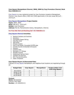 Cosy Square Manapakkam Chennai, 2BHK, 3BHK by Cosy Promoters Chennai, Book Now 9282401111