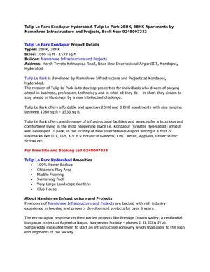 Tulip Le Park Kondapur Hyderabad, Tulip Le Park 2BHK, 3BHK Apartments by Namishree Infrastructure and Projects, Book Now 9248007333