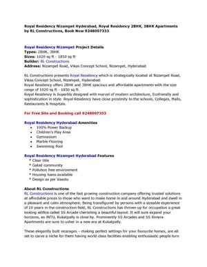 Royal Residency Nizampet Hyderabad, Royal Residency 2BHK, 3BHK Apartments by RL Constructions, Book Now 9248007333