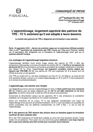 L’apprentissage, largement apprécié des patrons de TPE - 72 % estiment qu’il est adapté à leurs besoins