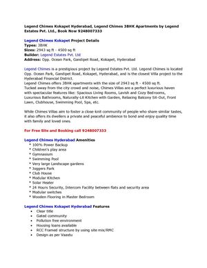 Legend Chimes Kokapet Hyderabad, Legend Chimes 3BHK Apartments by Legend Estates Pvt. Ltd., Book Now 9248007333