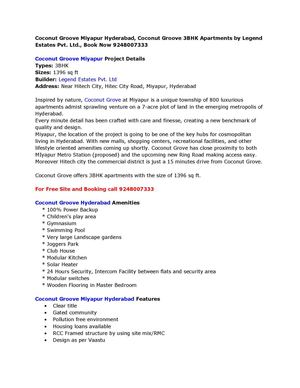 Coconut Groove Miyapur Hyderabad, Coconut Groove 3BHK Apartments by Legend Estates Pvt. Ltd., Book Now 9248007333