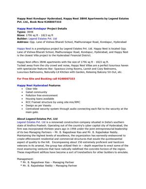 Happy Nest Kondapur Hyderabad, Happy Nest 3BHK Apartments by Legend Estates Pvt. Ltd., Book Now 9248007333