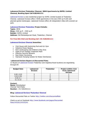 Lakewood Enclave Thalambur Chennai, 3BHK Apartments SSPDL Limited Chennai, by Booking Open Call 9282401111