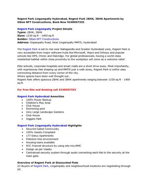 Regent Park Lingampally Hyderabad, Regent Park 2BHK, 3BHK Apartments by Olbee NFT Constructions, Book Now 9248007333