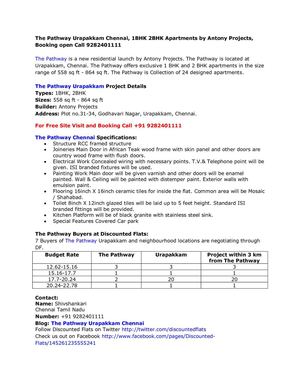 The Pathway Urapakkam Chennai, 1BHK, 2BHK Apartments by Antony Projects, Booking open Call 9282401111