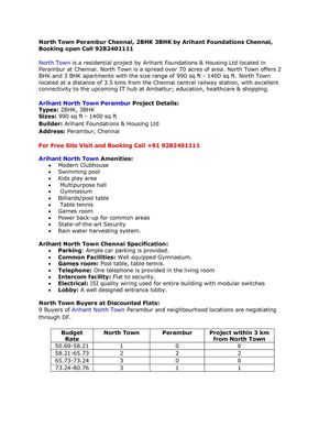 North Town Perambur Chennai, 2BHK 3BHK by Arihant Foundations Chennai, Booking open Call 9282401111