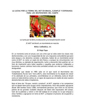 LA LUCHA POR LA TIERRA DEL MST EN BRASIL, EJEMPLO Y ESPERANZA PARA LOS DESPOSEÍDOS DEL CAMPO