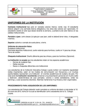 Información sobre Uniformes de la Institución