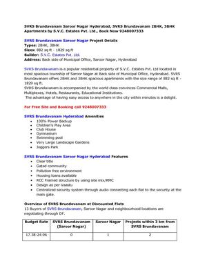 SVRS Brundavanam Saroor Nagar Hyderabad, SVRS Brundavanam 2BHK, 3BHK Apartments by S.V.C. Estates Pvt. Ltd., Book Now 9248007333