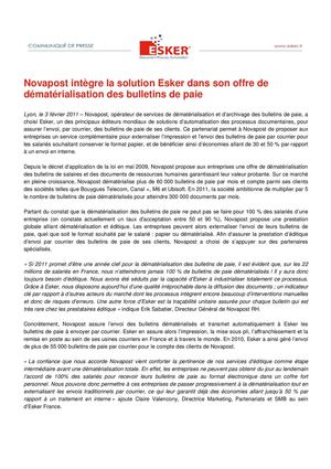 Novapost intègre la solution Esker dans son offre de dématérialisation des bulletins de paie