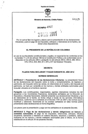 Decreto 4907 de Diciembre 26 de 2011 plazos y lugares para declarar