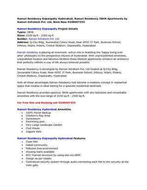 Ramsri Residency Gopanpally Hyderabad, Ramsri Residency 3BHK Apartments by Ramsri Infratech Pvt. Ltd, Book Now 9248007333