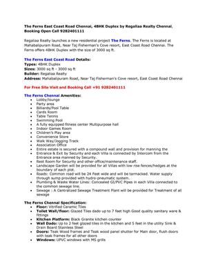 The Ferns East Coast Road Chennai, 4BHK Duplex by Regaliaa Realty Chennai, Booking Open Call 9282401111