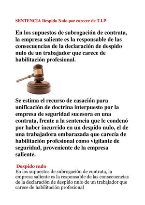 SENTENCIA RECURSO DE CASACION SUBROGACION DESPIDO NULO POR CARECER DEL T.I.P. VINSA 28-09-2011‏