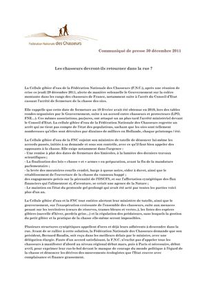 Communiqué de presse FNC du 30 décembre 2011