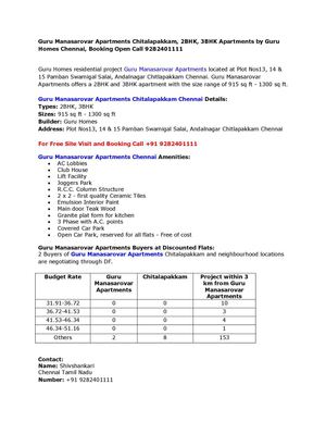 Guru Manasarovar Apartments Chitalapakkam, 2BHK, 3BHK Apartments by Guru Homes Chennai, Booking Open Call 9282401111