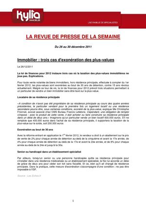 Revue de presse de la semaine du 26 au 30 Décembre 2011