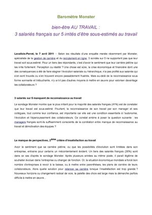 bien-être AU TRAVAIL - 3 salariés français sur 5 irrités d’être sous-estimés au travail