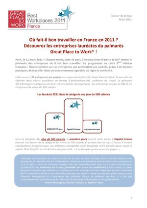 Great Place to Work® - Découvrez le palmarès 2011 des entreprises où il fait bon travailler en France!