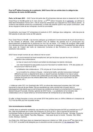 SAS France entre dans le palmarès Great Place to Work® en France