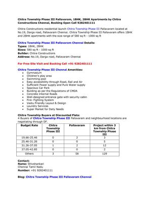Chitra Township Phase III Pallavaram, 1BHK, 2BHK Apartments by Chitra Constructions Chennai, Booking Open Call 9282401111