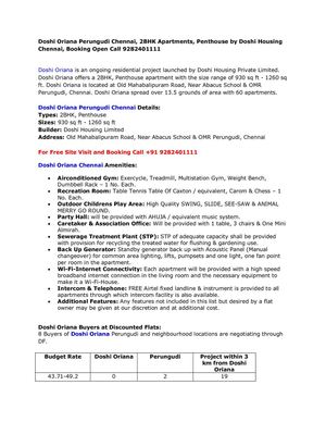 Doshi Oriana Perungudi Chennai, 2BHK Apartments, Penthouse by Doshi Housing Chennai, Booking Open Call 9282401111