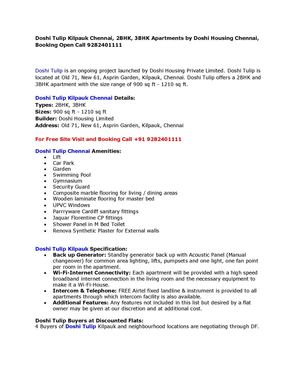 Doshi Tulip Kilpauk Chennai, 2BHK, 3BHK Apartments by Doshi Housing Chennai, Booking Open Call 9282401111