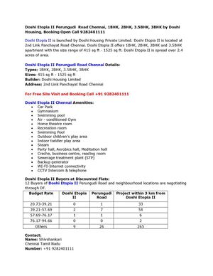 Doshi Etopia II Perungudi  Road Chennai, 1BHK, 2BHK, 3.5BHK, 3BHK by Doshi Housing, Booking Open Call 9282401111