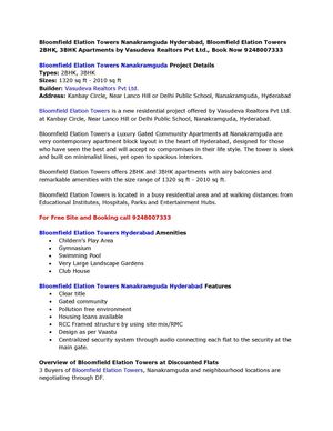 Bloomfield Elation Towers Nanakramguda Hyderabad, Bloomfield Elation Towers 2BHK, 3BHK Apartments by Vasudeva Realtors Pvt Ltd., Book Now 9248007333